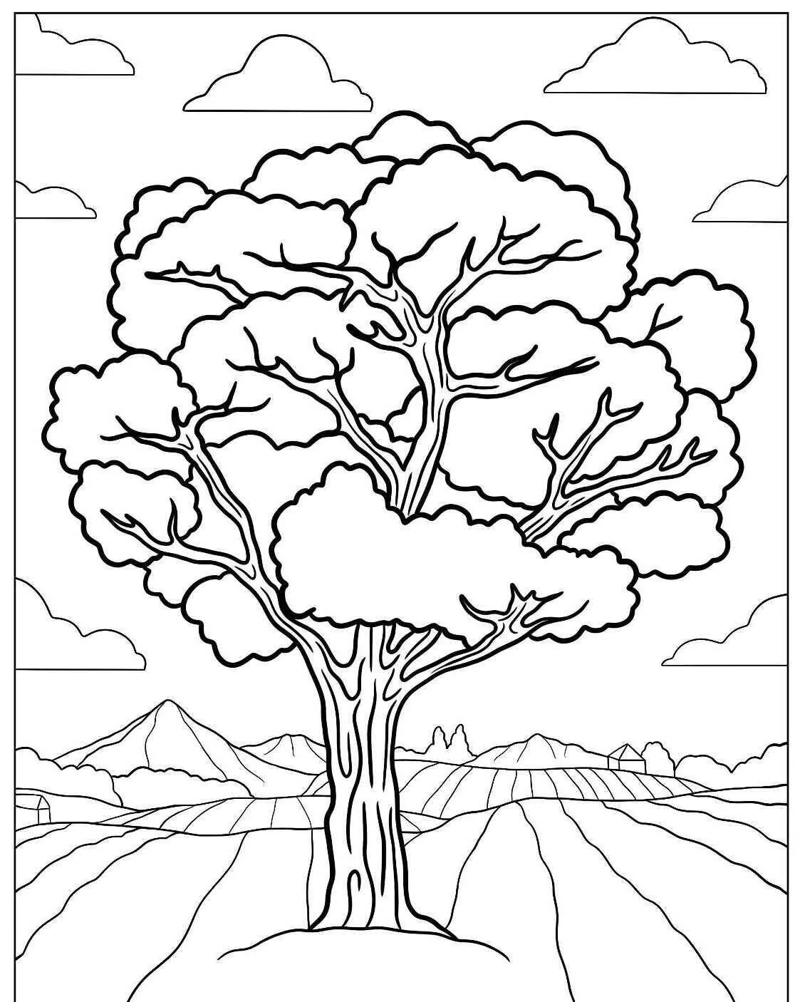 Página para colorear de árbol grande con follaje denso