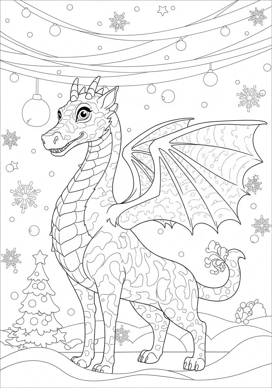 Desenho de Dragão de Gelo com Decorações de Natal para Colorir