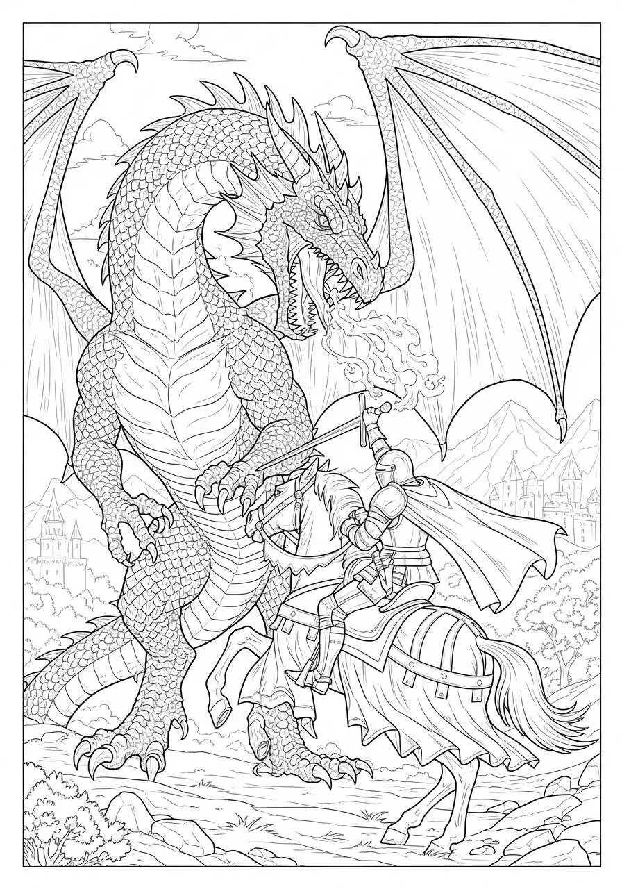 Desenho de Dragão Gigante a Enfrentar Cavaleiro Corajoso para Colorir