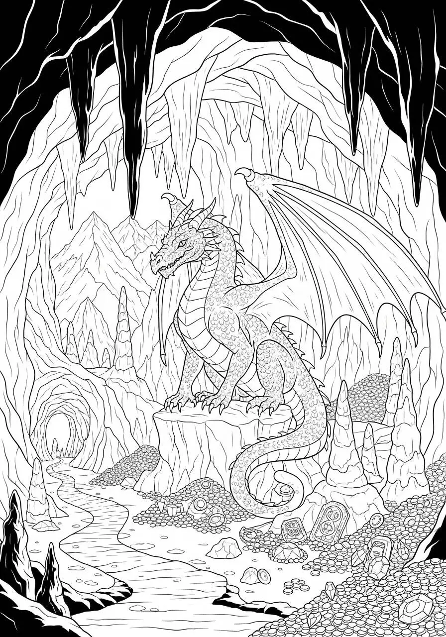 Desenho de Dragão Majestoso na Caverna com Tesouro para Colorir