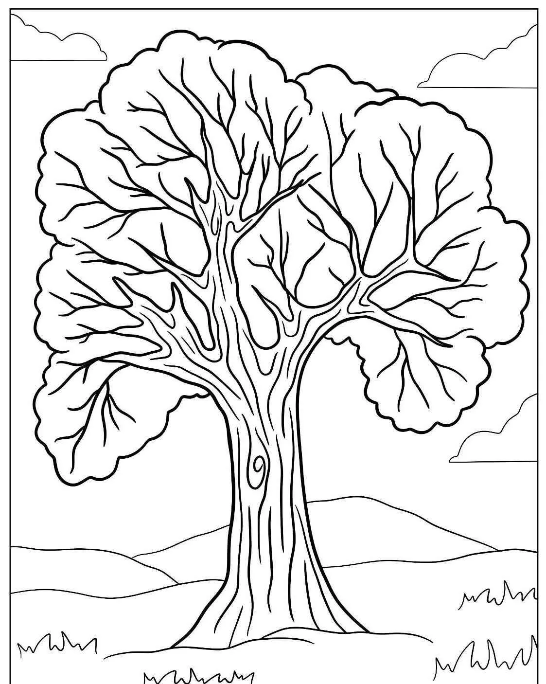 Página para colorear de un gran árbol con hojas verdes
