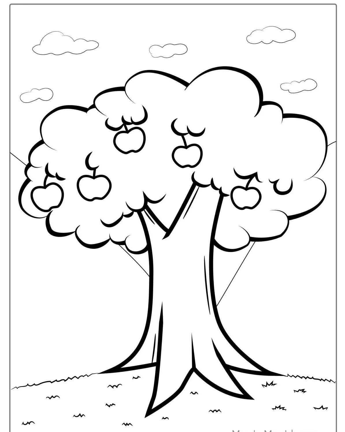 Página para colorear de árbol frutal con manzanas