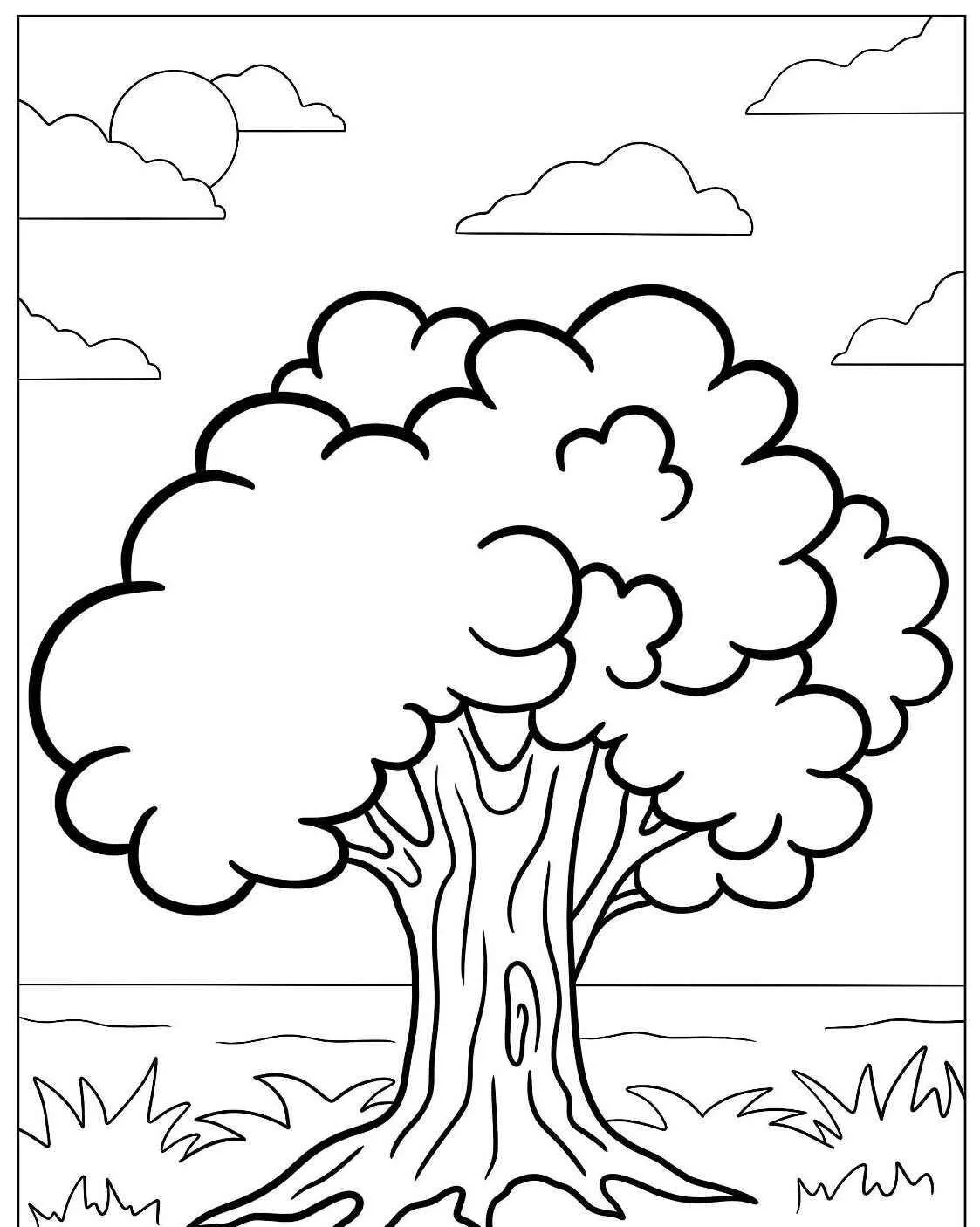 Página para colorear de árbol grande con follaje completo
