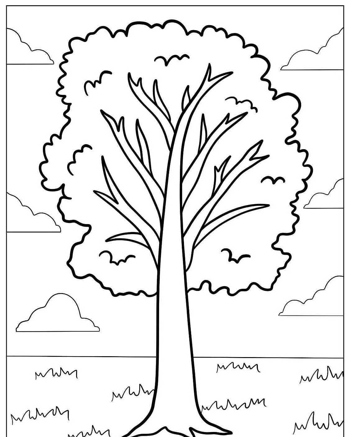 Desenho de Árvore Grande com Folhas e Céu Nublado para Colorir