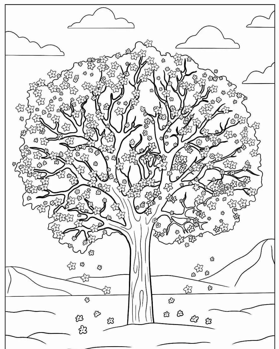 Página para colorear de un árbol lleno de flores