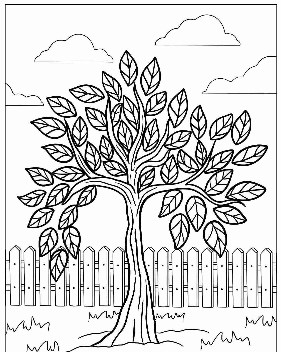Página para colorear de árbol con hojas y valla
