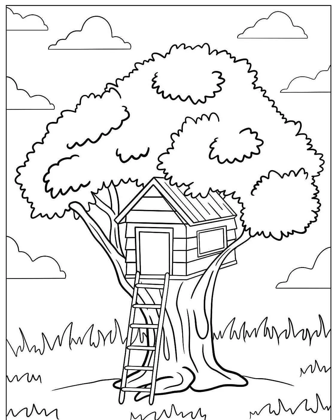 Desenho de Árvore com Casa na Árvore e Escada para Colorir