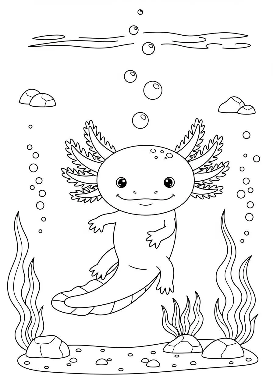 Desenho de Axolote a Nadar com Bolhas para Colorir