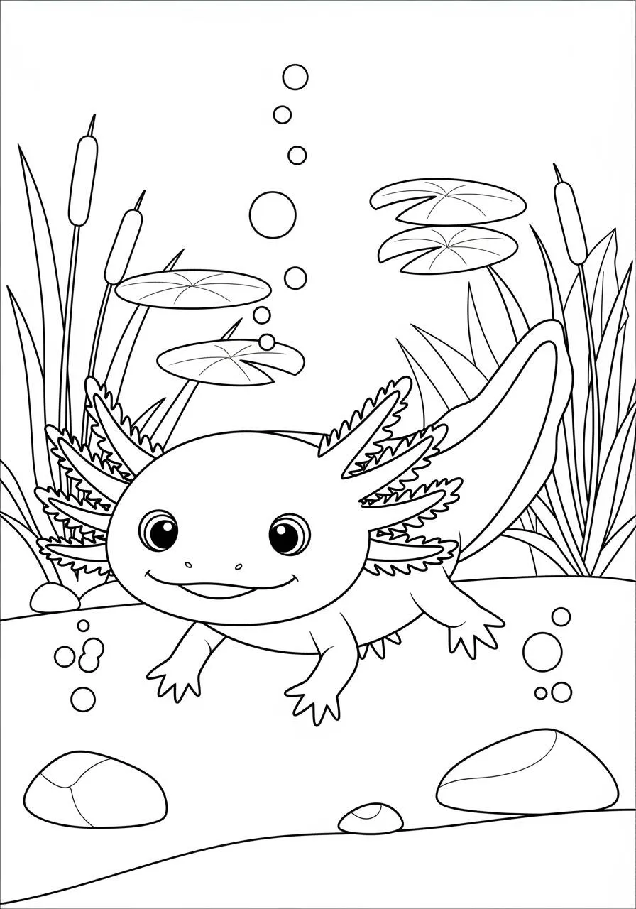 Desenho de Axolote Fofo a Nadar entre Plantas para Colorir