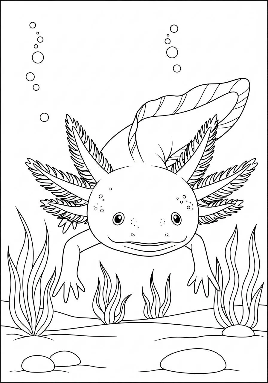 Desenho de Axolote a Nadar entre Plantas Subaquáticas para Colorir