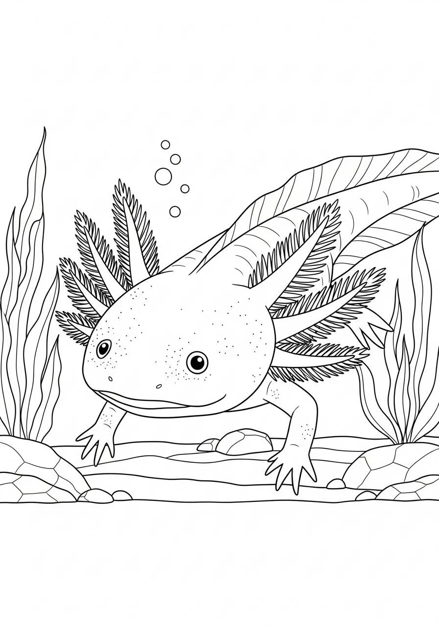 Desenho de Axolote com Guelras de Plumas para Colorir