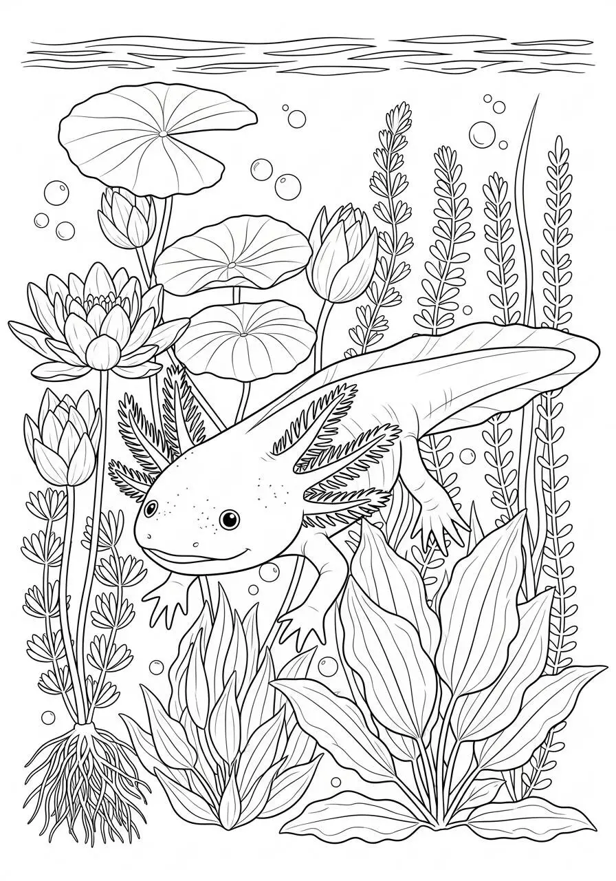 Desenho de Axolote em um Ambiente Aquático para Colorir