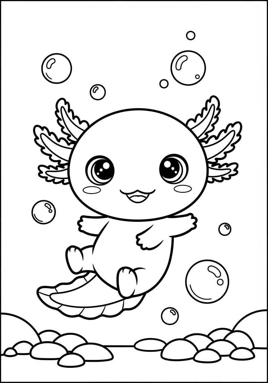 Desenho de Axolote Kawaii a Flutuar com Bolhas para Colorir