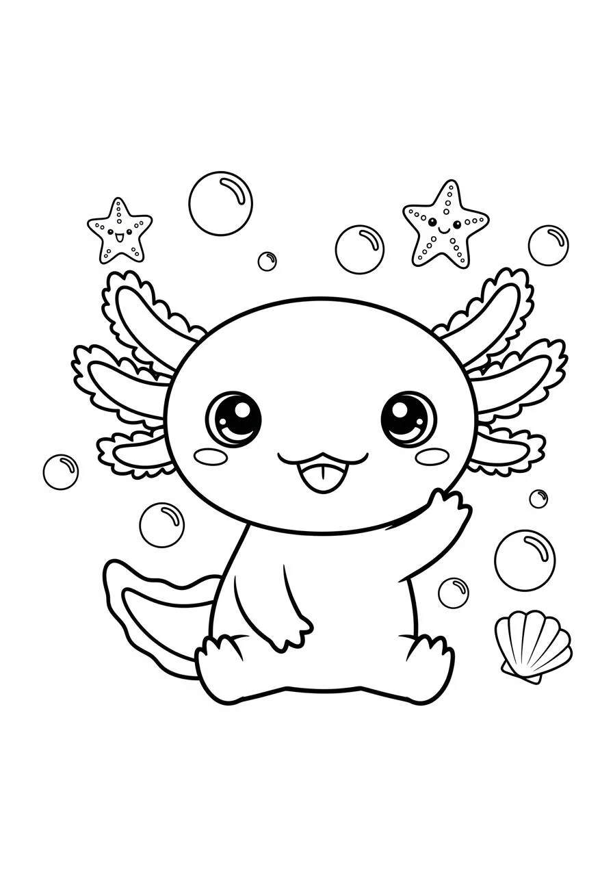 Desenho de Axolote Kawaii com Estrelas do Mar para Colorir