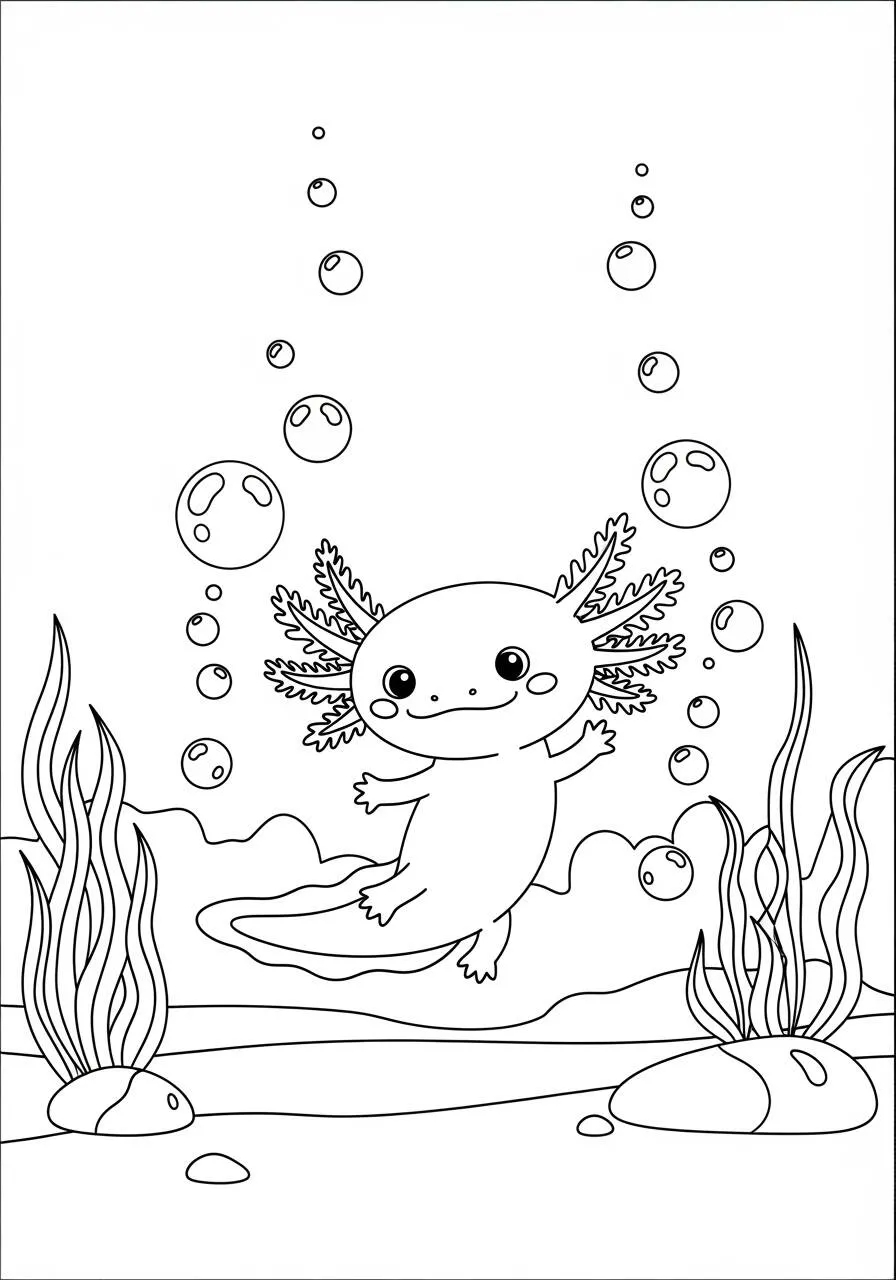 Desenho de Axolote a Brincar com Bolhas para Colorir