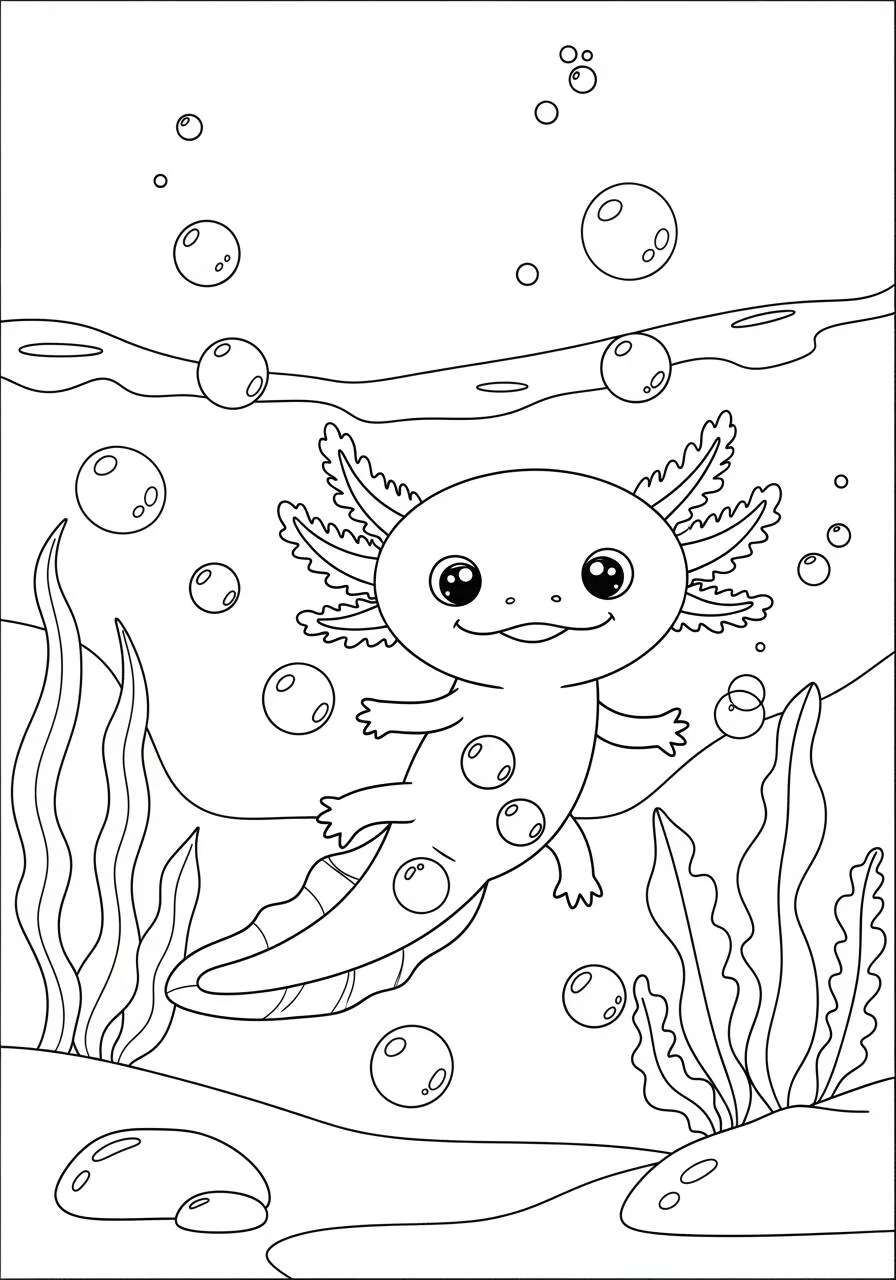 Desenho de Axolote a Nadar com Bolhas para Colorir
