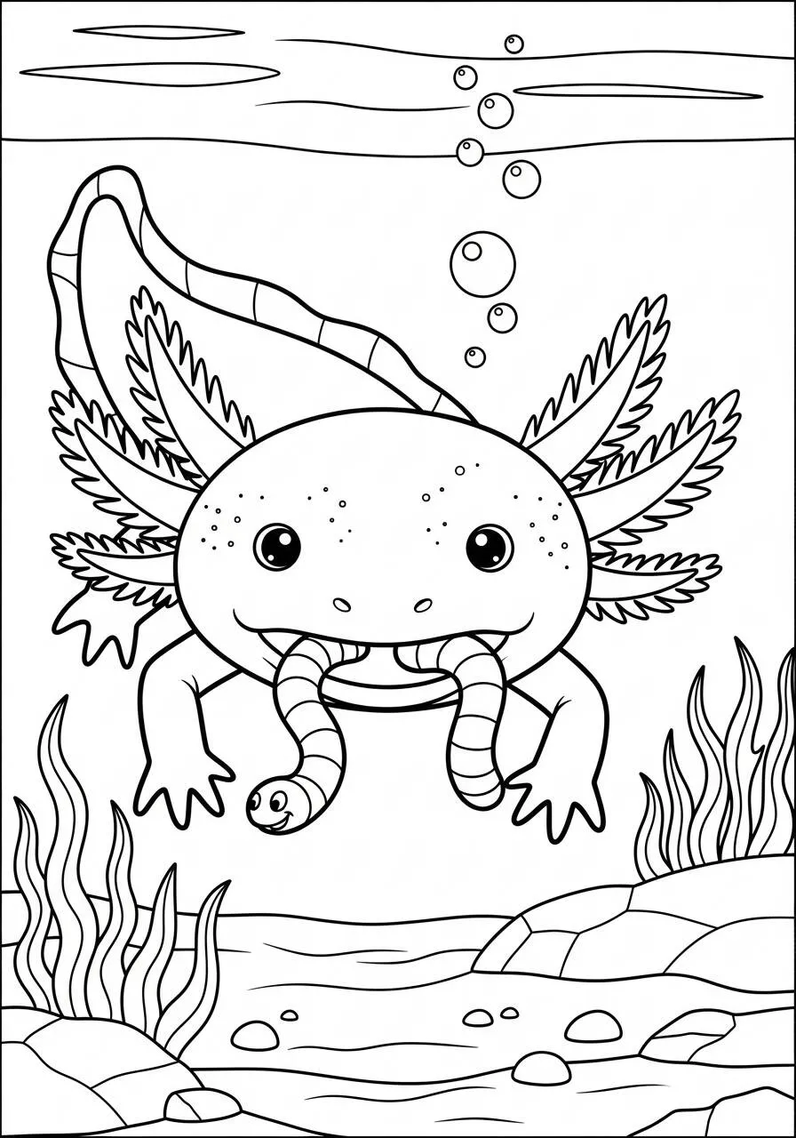 Desenho de Axolote Brincando com Minhoca para Colorir