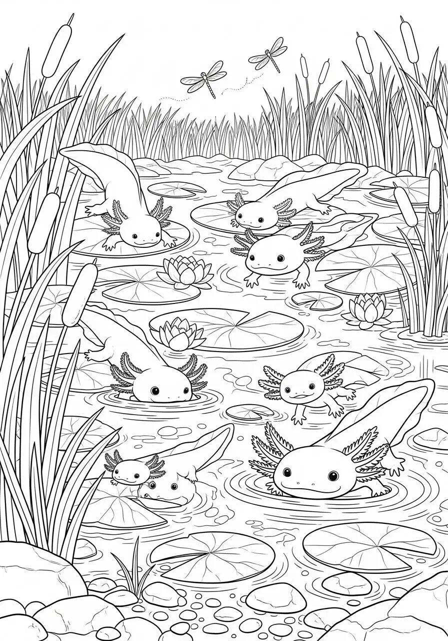 Desenho de Axolote Brincando no Lago para Colorir