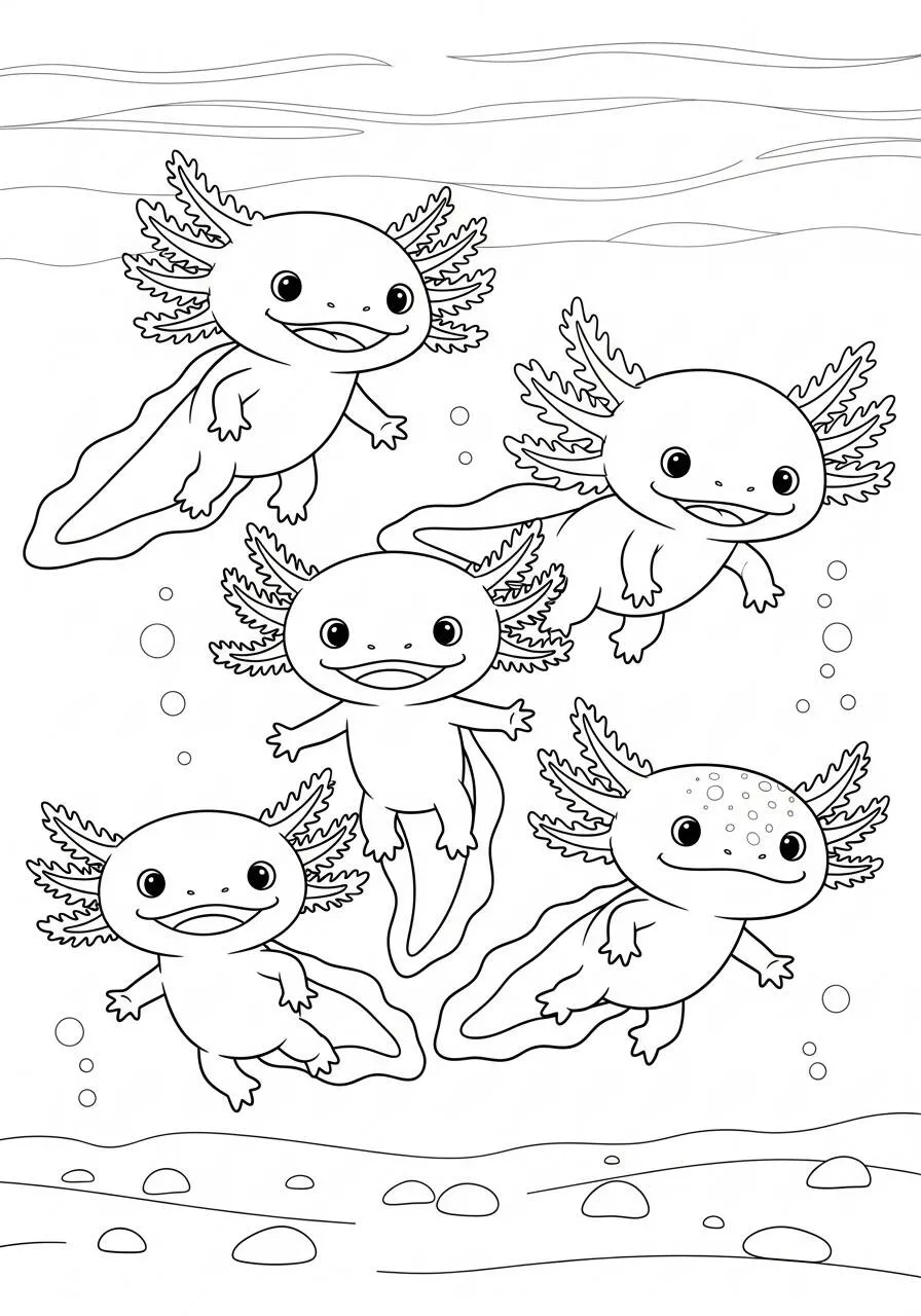 Desenho de Axolote Alegre a Nadar em Grupo para Colorir