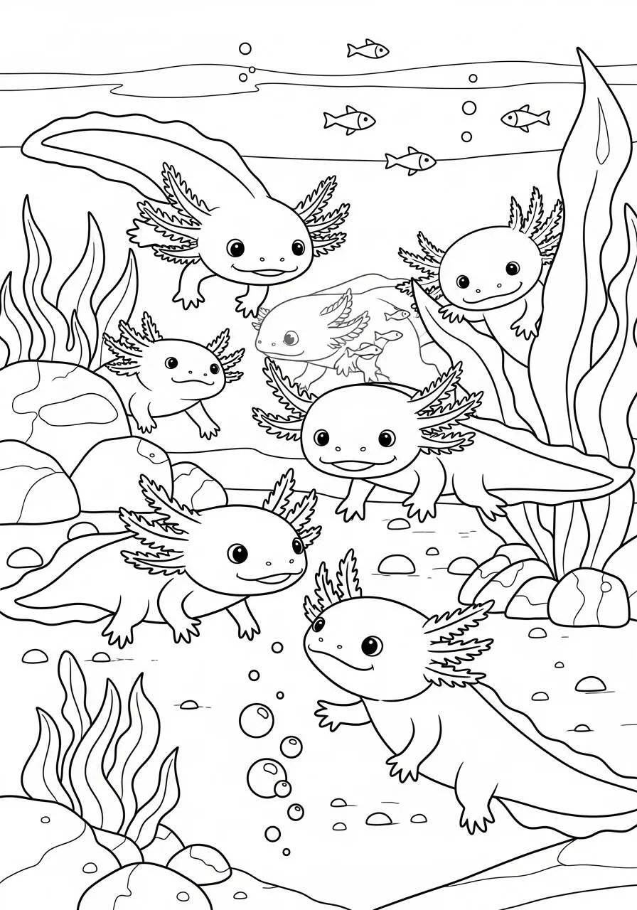 Desenho de Axolote Brincando no Fundo do Lago para Colorir