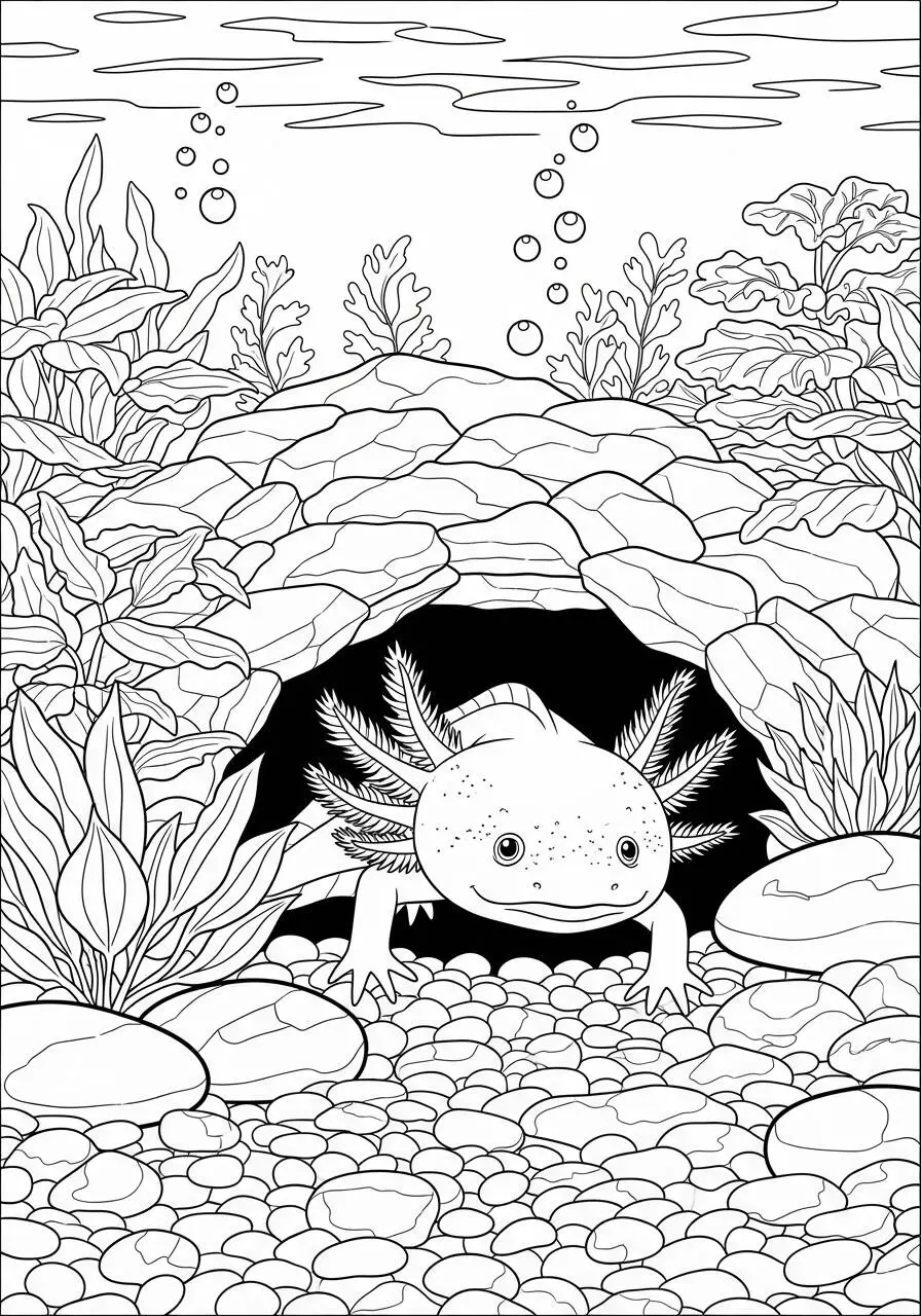 Desenho de Axolote a Explorar uma Caverna Subaquática para Colorir