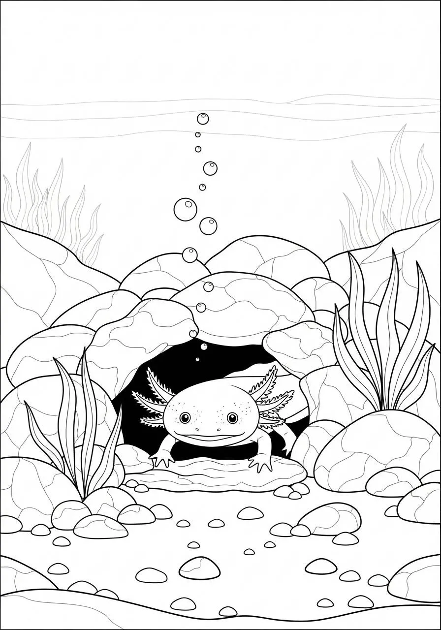 Desenho de Axolote a Brincar em uma Caverna Subaquática para Colorir