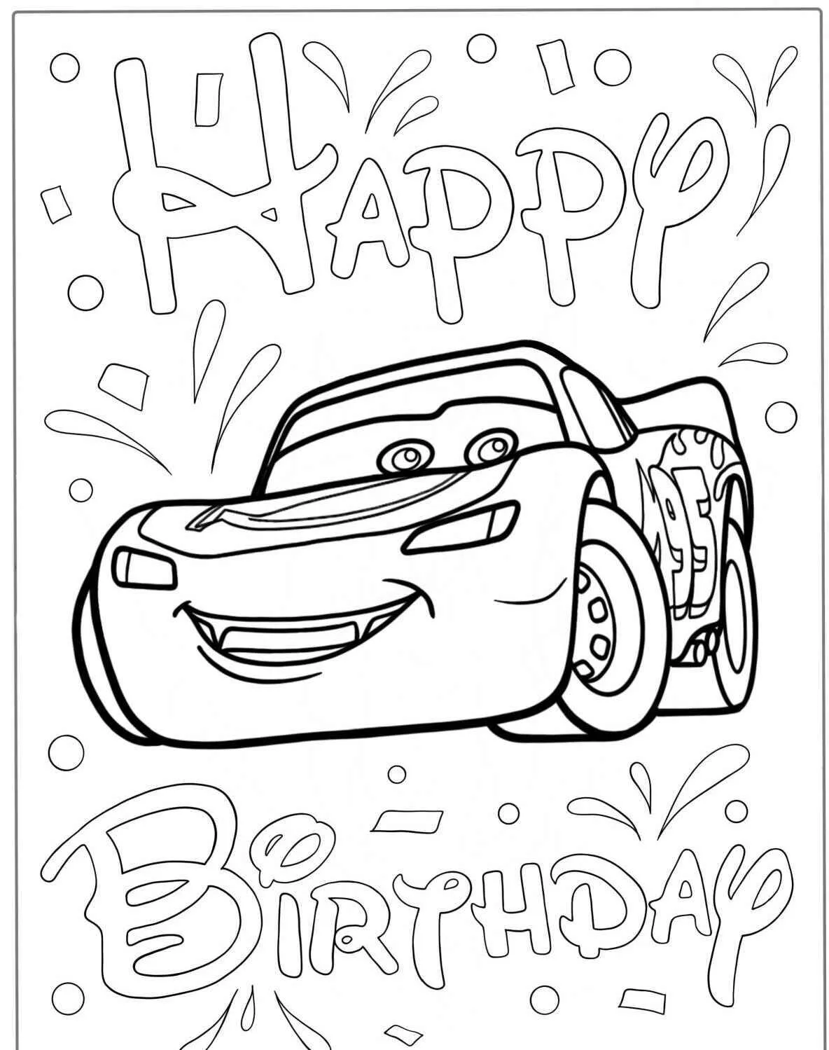 Desenho de Relâmpago McQueen Feliz Aniversário para Colorir