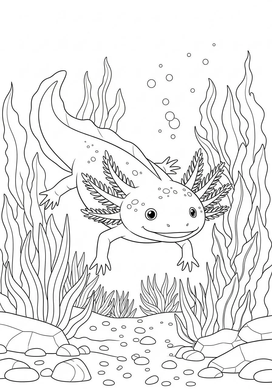 Desenho de Axolote a Nadar Entre Plantas Aquáticas para Colorir