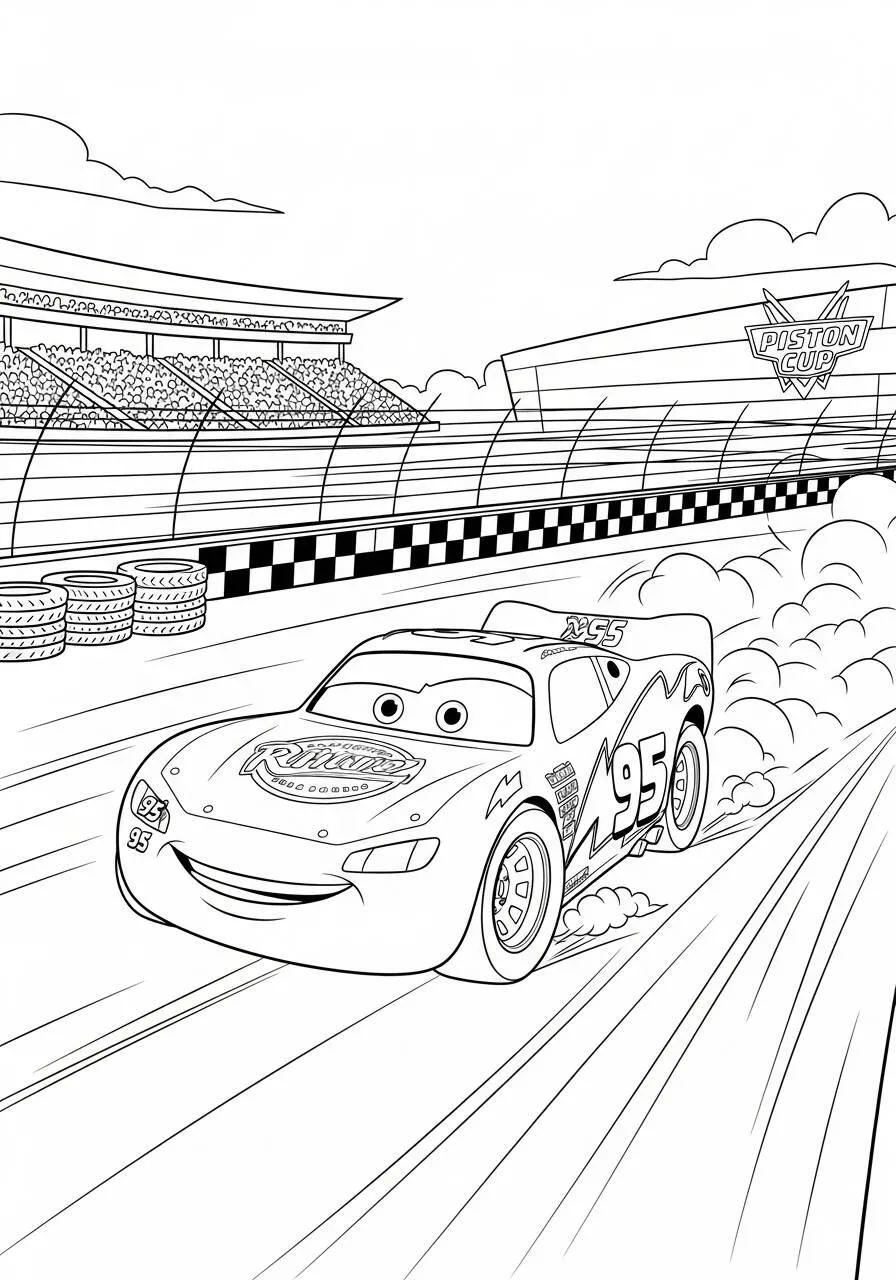 Desenho de Relâmpago McQueen Acelerando na Pista para Colorir