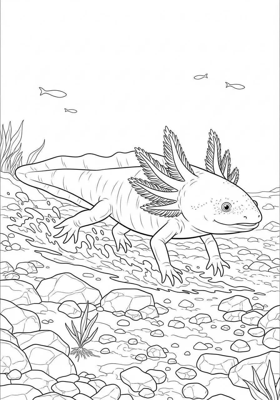 Desenho de Axolote a Nadar no Fundo do Lago para Colorir
