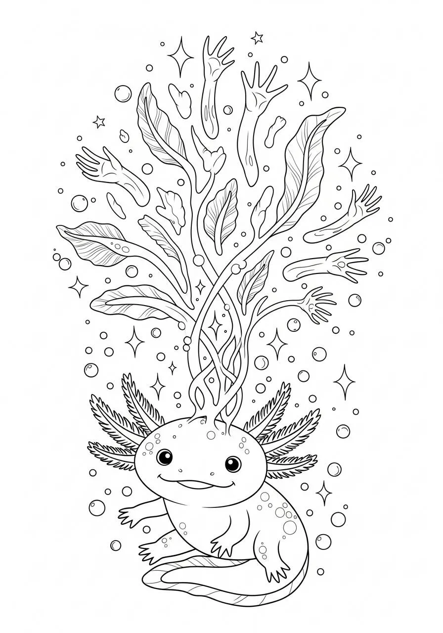Desenho de Axolote com Plantas Flutuantes para Colorir
