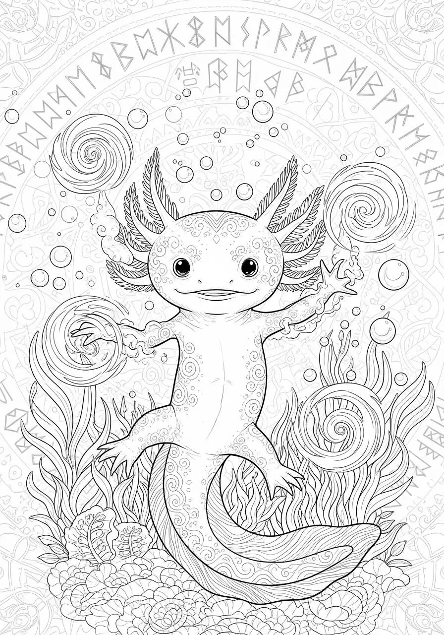 Desenho de Axolote Mágico com Efeitos de Água para Colorir