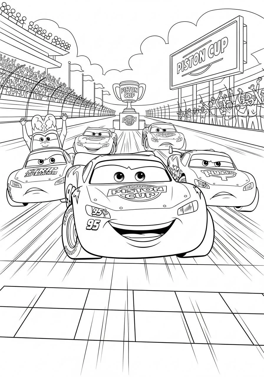 Desenho de Relâmpago McQueen Vencendo a Copa Pistão para Colorir