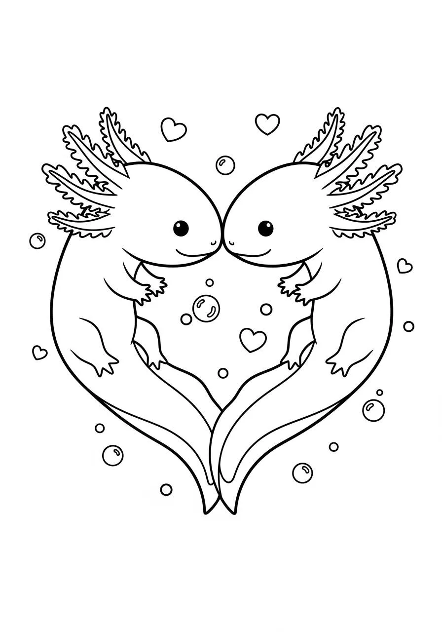 Desenho de Axolote Apaixonado com Corações para Colorir