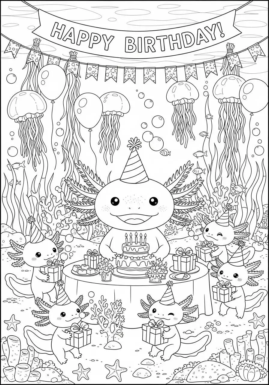 Desenho de Axolote Celebrando Aniversário com Bolo para Colorir
