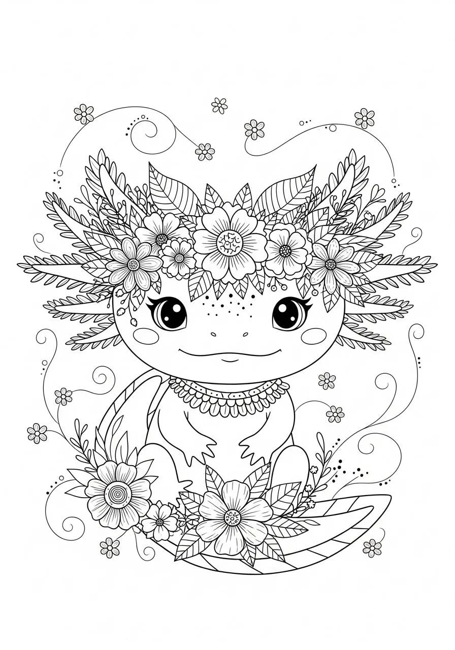 Dibujo para colorear de ajolote con corona de flores