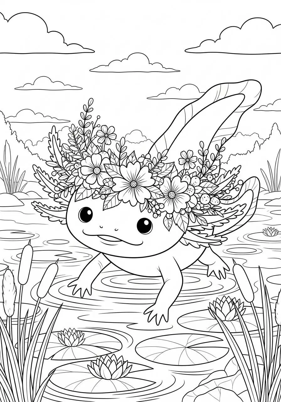 Desenho de Axolote com Flores na Cabeça para Colorir