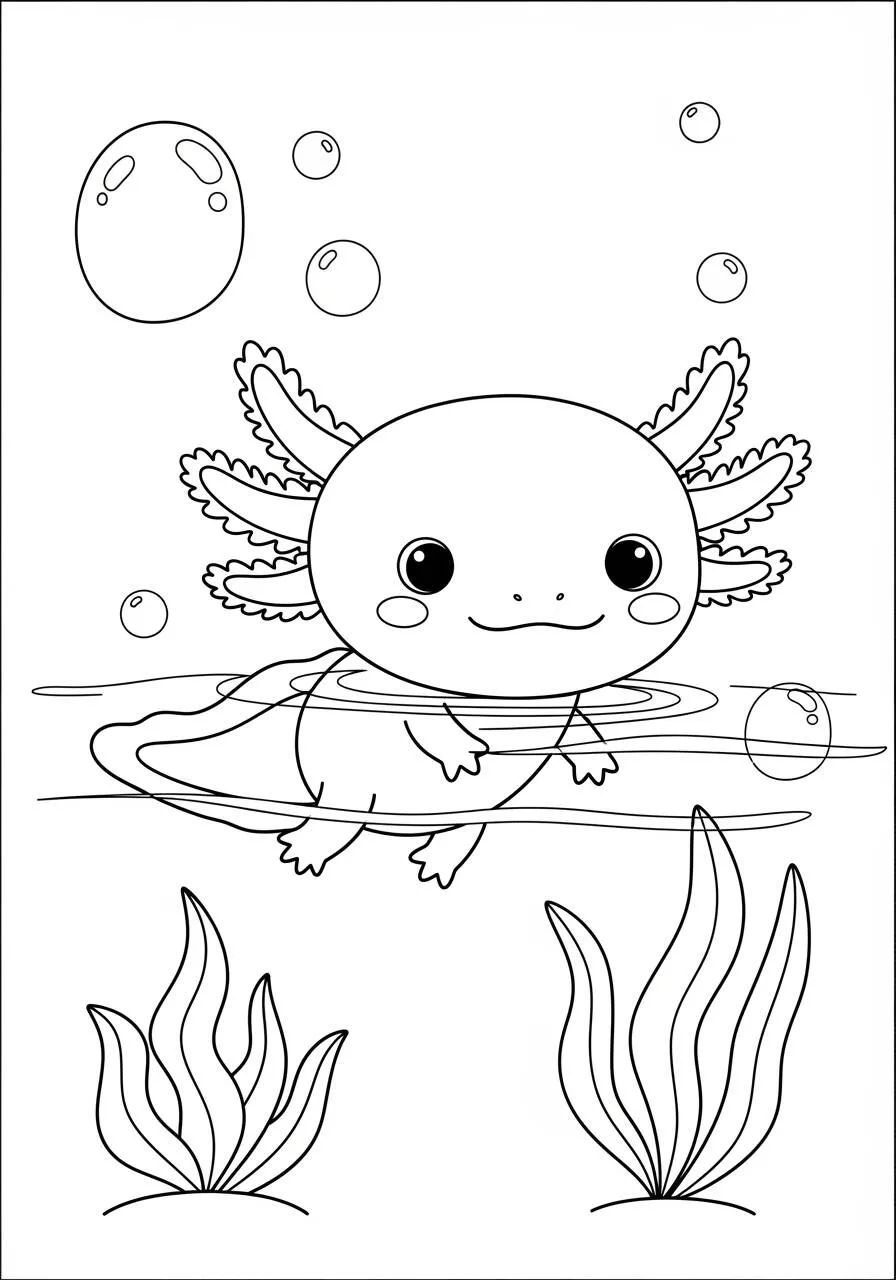Desenho de Axolote Fofo a Nadar com Bolhas para Colorir