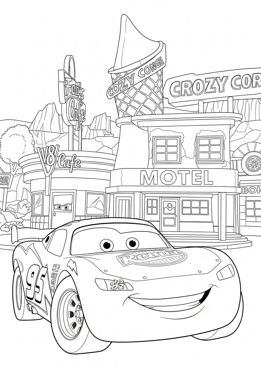 Desenho de Relâmpago McQueen em Radiator Springs para Colorir