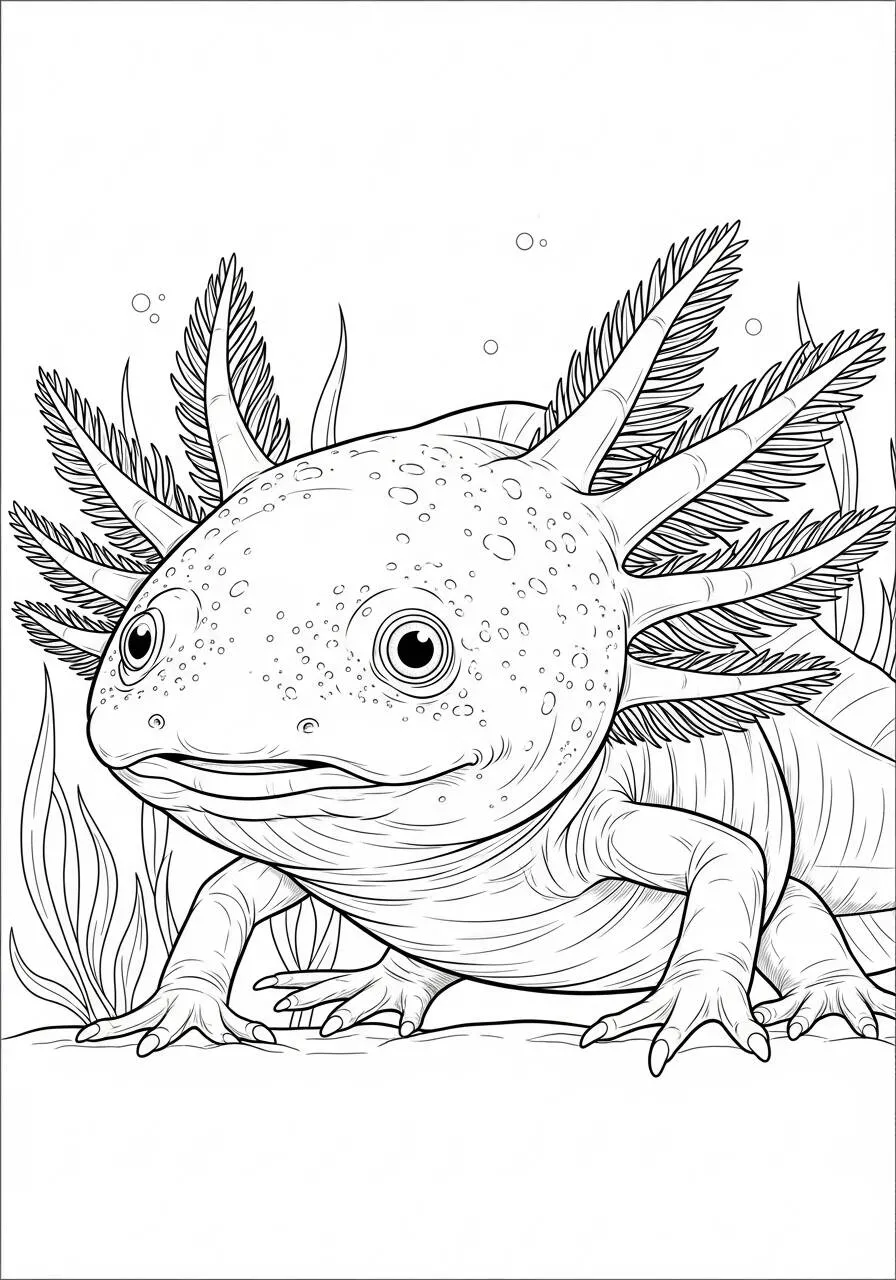 Desenho de Axolote com Guelras de Plumas para Colorir