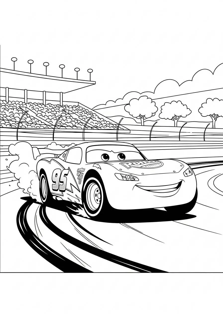 Desenho de Relâmpago McQueen a Fazer Drift na Pista para Colorir