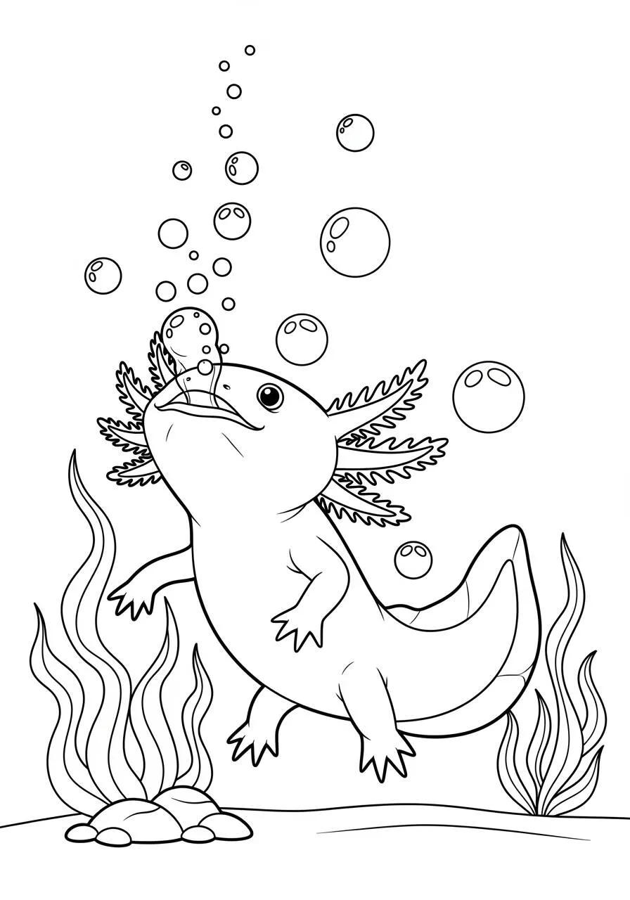 Desenho de Axolote a Sorrir com Bolhas para Colorir