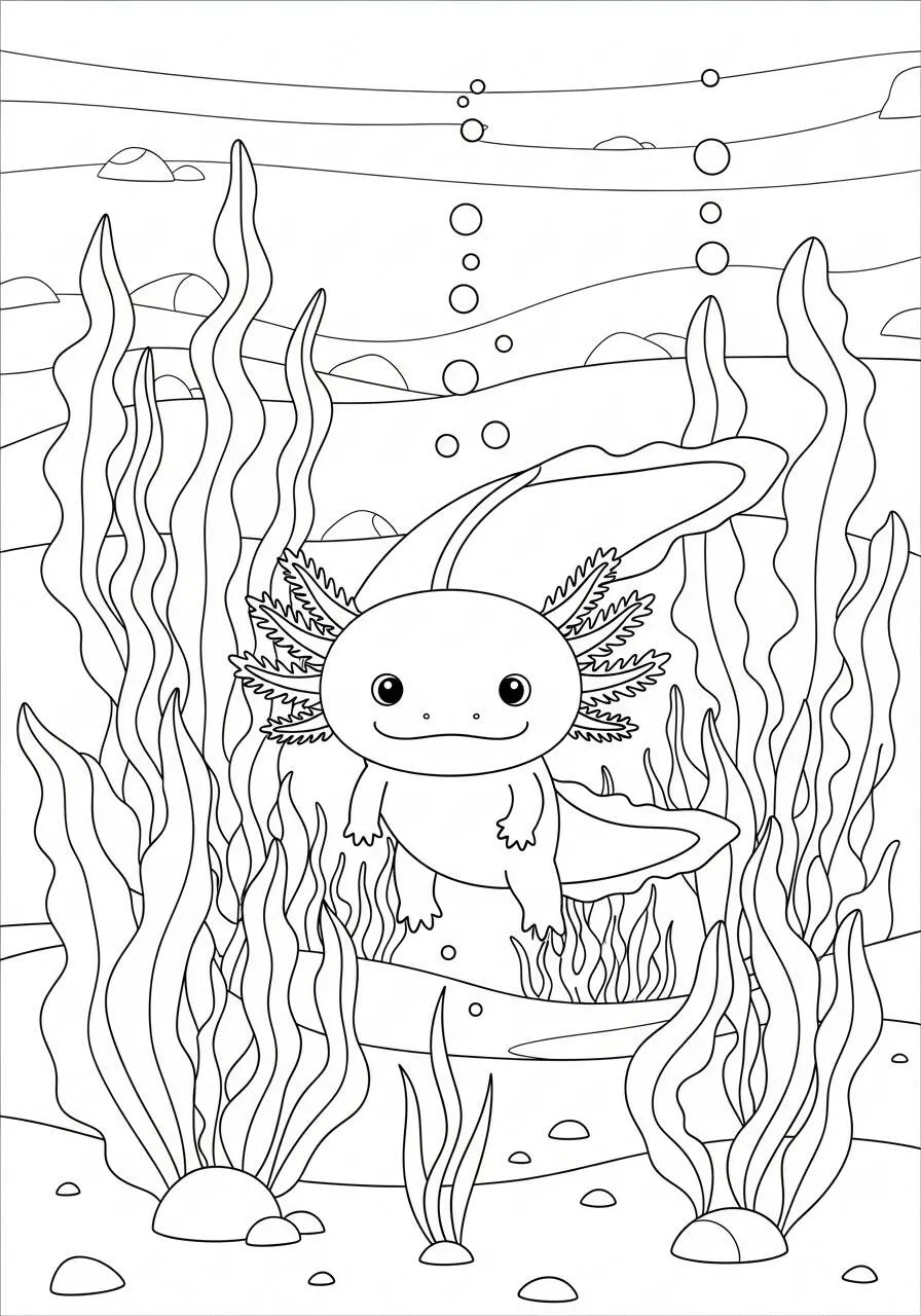 Desenho de Axolote a Nadar entre Plantas Aquáticas para Colorir
