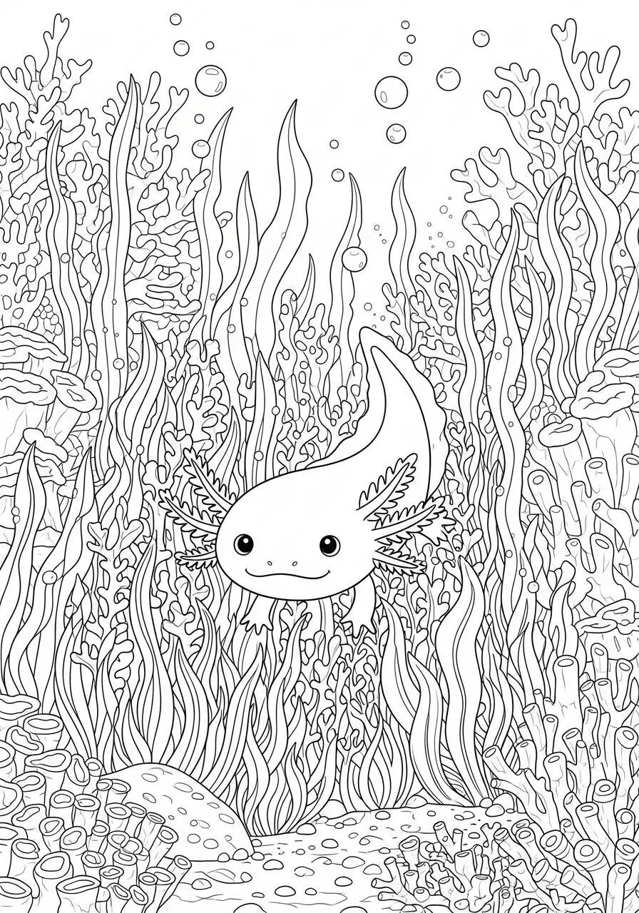 Desenho de Axolote a Nadar Entre Corais para Colorir