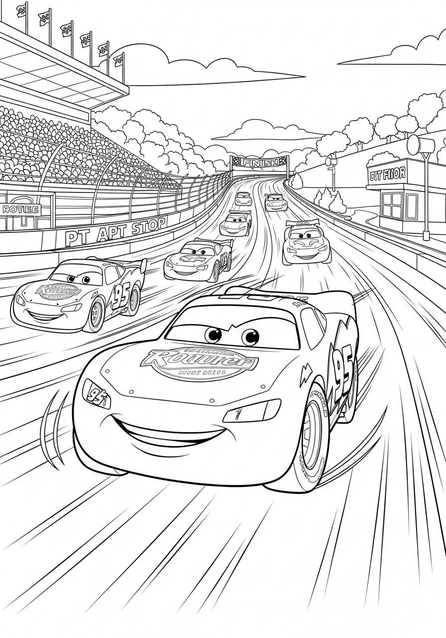 Desenho de Relâmpago McQueen Correndo na Pista de Corrida para Colorir