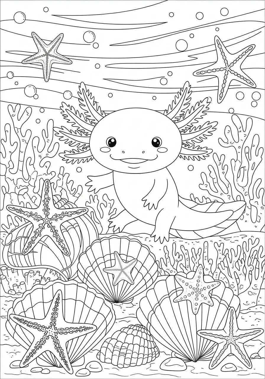 Desenho de Axolote em um Fundo Marinho para Colorir