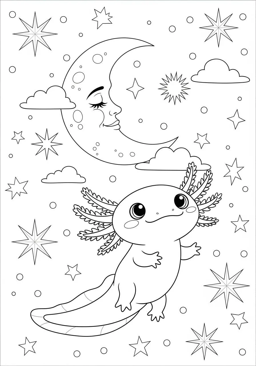 Desenho de Axolote Sob a Lua com Estrelas para Colorir