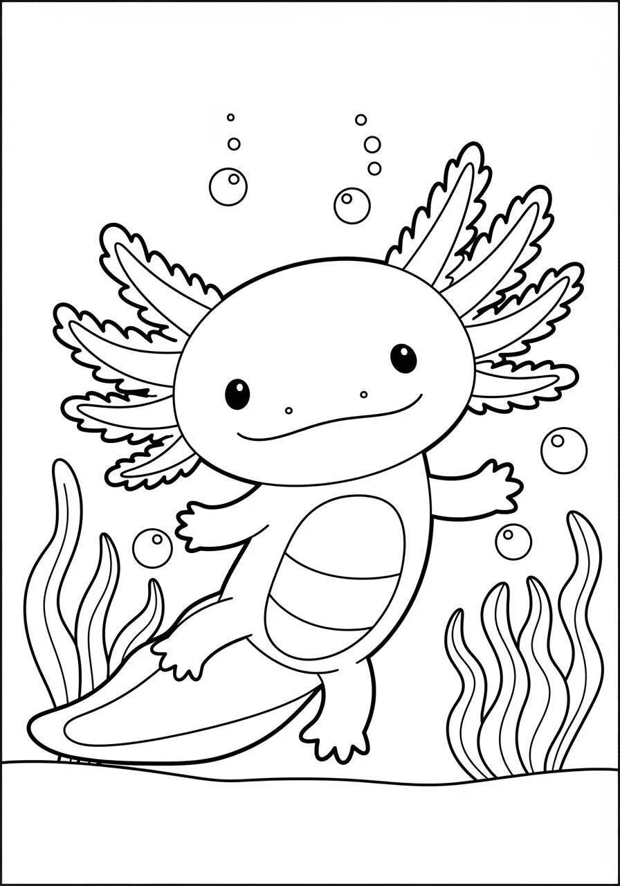 Desenho de Axolote Kawaii a Nadar com Bolhas para Colorir