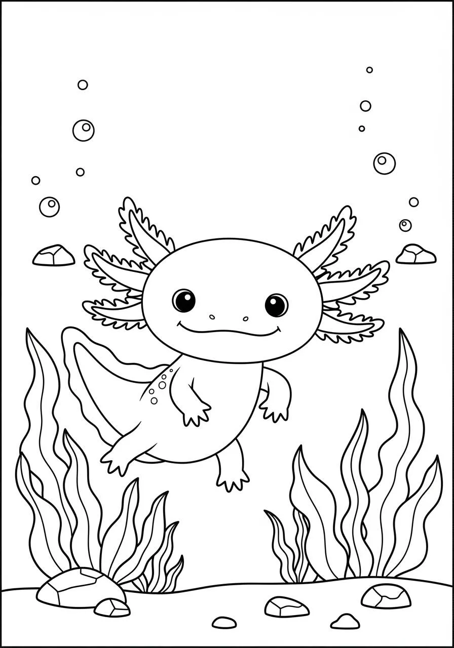 Desenho de Axolote a Nadar com Sorriso para Colorir