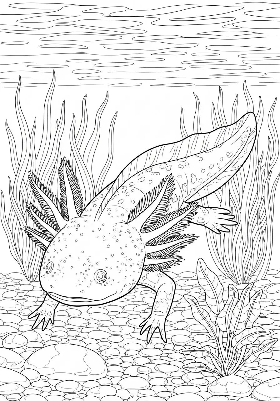 Desenho de Axolote Explorando o Fundo do Lago para Colorir
